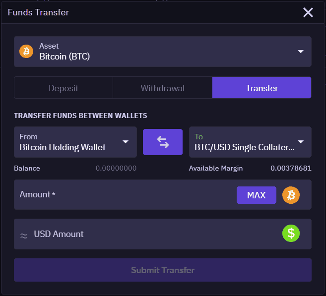 Transfer funds to Single Collateral wallet